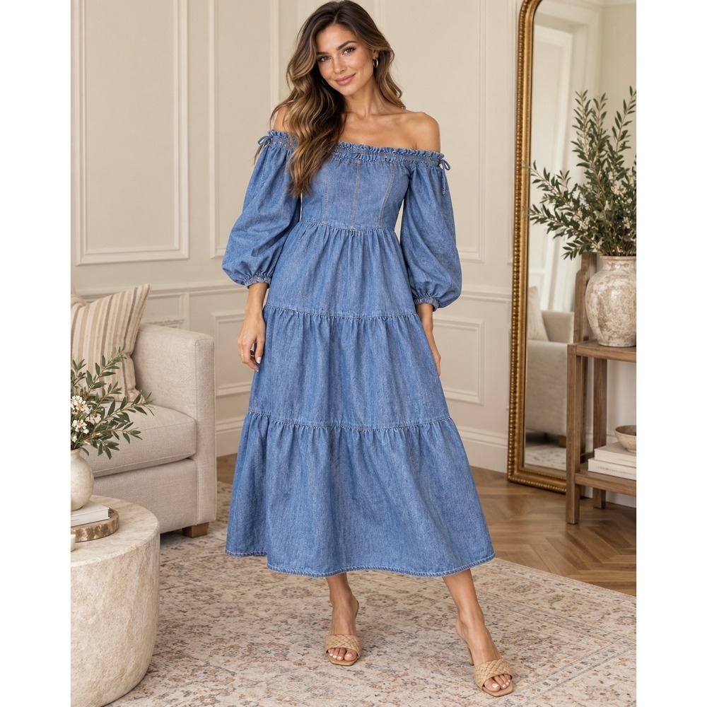 Flying Tomato Denim Maxi Dress Medium Blue Tiered Smocked Off Shoulder ID21457